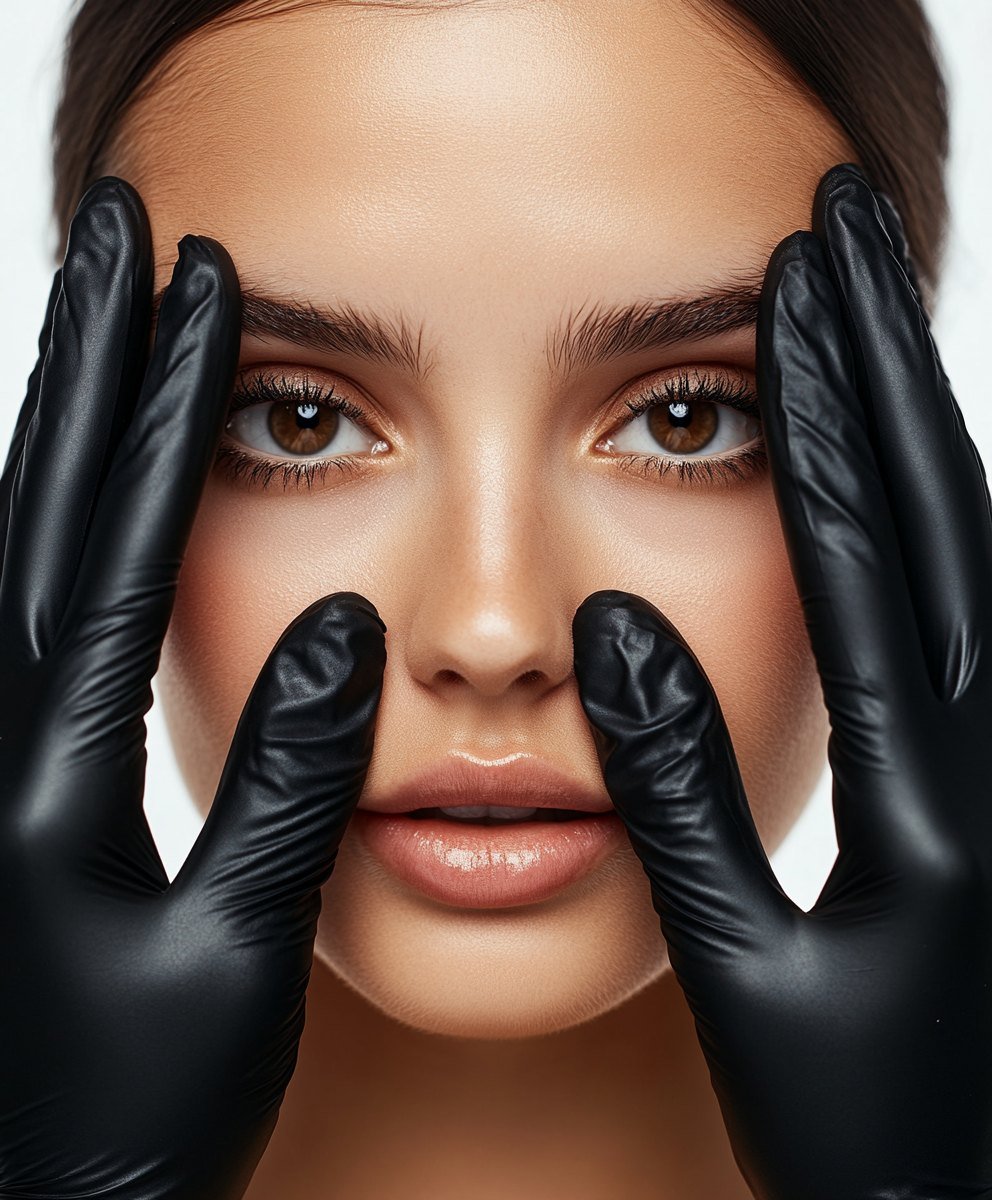 Gloved hands framing a woman’s face during a dermal filler assessment at Anato Aesthetics